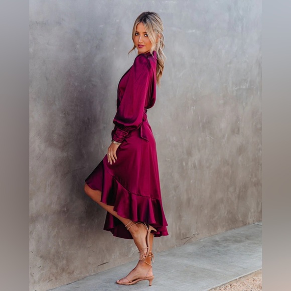 Satin Wrap Midi Dress in Merlot - Picture 3 of 3